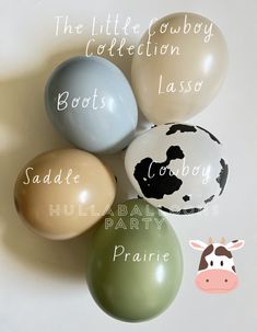 several balloons with different types of animals and names on them, all in various colors