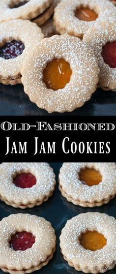 jam cookies with jelly in the middle are on a baking sheet and there is an advertisement for old - fashioned jam cookies