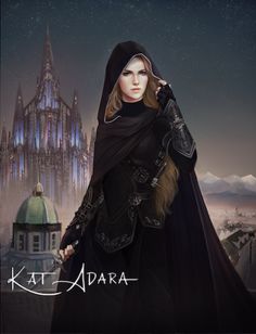 a woman dressed in black standing next to a castle with the words kate addara on it