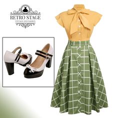 2PCS 1950s Bow Plaid Blouse & Skirt 50s Inspired Outfits, 50 Style Dresses, Retro Summer Outfits, 50s Womens Fashion, Retro Stage, Club Attire, Vintage Fashion 1950s, Blouse Skirt, Fashion 1950s