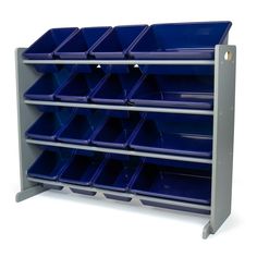 blue bins are stacked on top of each other in a metal shelving unit