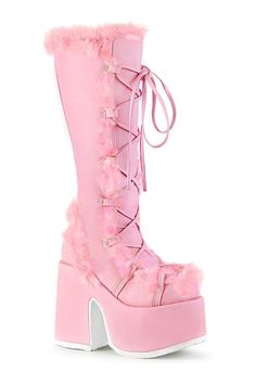 5" Chunky Heel, 3" Platform Lace-Up Knee High Boot, Side Zipper - Fit Guide: Women's US Size Shown - Heel: 5" Heel, 3" Platform - Brand: Demonia - Country of Origin: Imported Emo Boots, Pink Platform Boots, Demonia Boots, Fluffy Boots, Concert Wear, Demonia Shoes, Leather Knee Boots, Pink Platforms, Pink Faux Fur