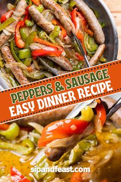 the recipe for peppers and sausage is in a bowl