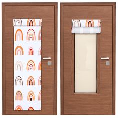 an open door with a curtain and window valance on the side, featuring rainbows