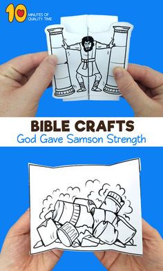 two hands holding up a card with the words bible crafts god gave samson strength