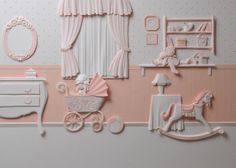 a baby's room is decorated in pink and white with accessories like a rocking horse