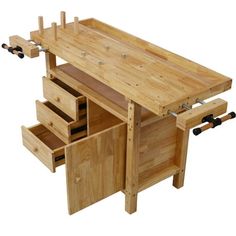 a wooden workbench with drawers and wheels