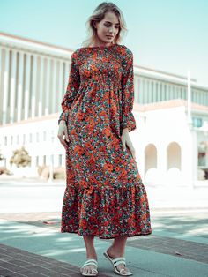 The EMES SHOP maxi dress is detailed with mini dots or a mixed pattern of floral prints across the entire dress. Features long ruffle sleeves. a smocked chest. round neckline. and ankle-length hem. A perfect casual or semi-formal dinner date dress with the right touch of chic contemporary style. Light and breathable for all day wear as well. Easily pair this dress with your favorite heels. a matching belt. and a clutch.MATERIAL:100% Brushed PolyMEASUREMENTS:Dress Length is 50-52in Small | Chest Dinner Date Dress, Dot Print Pattern, Dotted Dress, Date Dress, Date Dresses, Dinner Date, Ruffled Maxi Dress, Ruffle Sleeves, Pattern Mixing