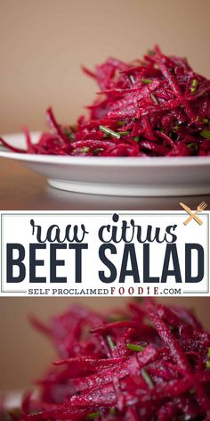 a white plate topped with beet salad next to a bowl of shredded carrots