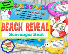 the beach reveal scavenger hunt is on display in front of a wooden background