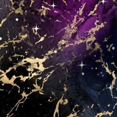 an abstract purple and gold background with stars in the sky on black, white and blue