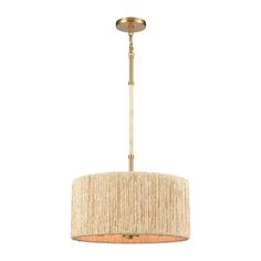 a chandelier hanging from the ceiling with a beige fabric shade on it's side