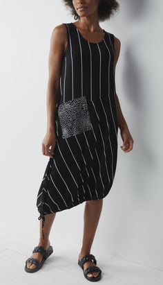 [Sympli] - Shopboutiquekarma Planet Clothing, Wearable Art Clothing, Striped Tank Dress, Drawstring Dress, Striped Art, Drawstring Dresses, Breezy Dress, Black Tank Dress, Exposed Zipper