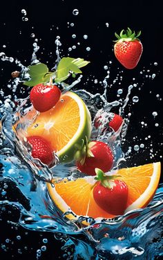 some oranges and strawberries are falling into the water with splashes on them