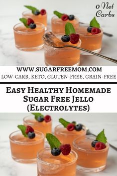 three glasses filled with fruit and mint garnish on top of a white table