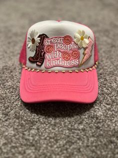 Treat people with kindness pink and white trucker hat with flower chain Treat People With Kindness Pink, Trucker Hat Ideas, Hat Business, Shop Small Business Quotes, White Trucker Hat, Hat Bar, Plant City, Choose Kindness, Flower Chain