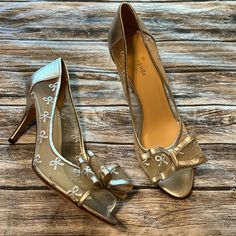 Excellent Used Condition! Calina Heels Gold Mesh W/Silver Bows Embroidered All Over. Silver Trim & Bow On Toe Peep-Toe Please Remind Me Of Cinderella’s Glass Slippers! They Definitely Give Princess Vibes! The Only Blemish I See Is A Tiny Black Mark On The Mesh Near The Sole Of One Shoe. See Last Pic. Kate Spade Open Toe Evening Heels, Kate Spade 4-inch Heel Chic Heels, Gold Kitten Heels With 4-inch Heel, Chic Leopard Print Heels With 4-inch Heel, Leopard Print Heels With Pointed Toe And 4-inch Heel, Silver Bow, Glass Slipper, Peep Toe Heels, Shoes Women Heels