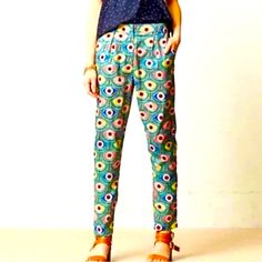 Mara Hoffman New Evil Eye Print Single Pleat Tapered Pants Size 6 Nwot Multicolor Printed Straight Leg Pants, Patterned Printed Straight Pants, Blue Floral Print Ankle-length Pants, Blue Printed Trousers, Blue Printed Straight Pants, Spring Patterned Trousers, Multicolor Workwear Pants With Pockets, Summer Printed Pants For Workwear, Printed Pants For Summer Workwear