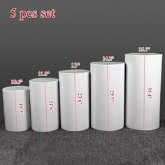 five white cylindrical cylinders with measurements for each cylinder and the number of them in different sizes