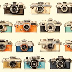 many different types of cameras on a white background