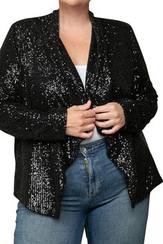 Sequin Long Sleeve Open Front Statement Jacket . Light-catching sequins gives evening allure to this black sequin jacket. This sequin jacket outwear will instantly elevate any look. Pair this jacket with black slacks for a head to toe polished look. Jacket features: Available in Curve Sizes - 1XL , 2 XL, 3XL Plus Sequin fabrication Open neckline Long sleeves Open front; no closure Polyester/spandex Dry clean Imported Black Sequin Pants, Black Sequin Jacket, Glitter Jacket, Sequin Pant, Statement Jacket, Sequin Blazer, Black Slacks, Outwear Jackets, Sequin Jacket