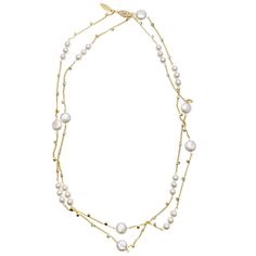 This long necklace features freshwater pearls in a multi-way design that will add simple yet stunning elegance to any outfit. Its versatility makes it a must-have for your accessories collection. Wear with short necklace and pearls earrings to complete your own styles.   The chain is crafted in Japan and made of high-quality 14K gold-plated brass. The chain features zinc beads that add intricate and captivating details, enhancing its overall beauty. The combination of the gold plating and the ex Elegant Double Strand Pearl Necklace For Layering, Elegant Multi-strand Pearl Necklace With Charm, Pearl White Long Pearl Necklace In Elegant Style, Elegant Double Strand Long Necklace For Layering, Elegant Single Strand Pearl Long Necklace, Elegant Pearl White Long Pearl Necklace, Elegant Pearl White Long Necklace, Elegant White Double Strand Long Necklace, Nice Jewelry