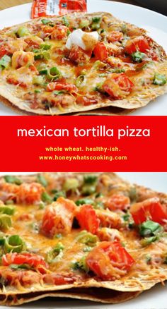 mexican tortilla pizza with tomatoes, green peppers and cheese on top is shown