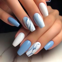 Blue And White Nails, Fancy Nails Designs, روتين العناية بالبشرة, Blue Nail, Short Acrylic Nails Designs, Fancy Nails, Cute Acrylic Nails, Nail Arts, Green Nails