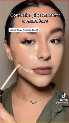 Credit: @zoekimkenealy on TT How To Apply Makeup For Round Face, Round Face Eyeshadow, Makeup Placement Round Face, Where To Conceal Your Face, Round Face Concealer, Makeup Ideas For Round Face Shape, Concealer For Round Faces, Flattering Makeup For Round Face, Lifted Concealer Technique