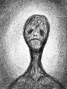 a black and white drawing of a person with an alien head on it's face