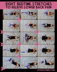 the eight bedtime stretches to release lower back pain is shown in pink and black