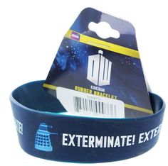 a rubber bracelet with the doctor who logo on it and an id tag attached to it