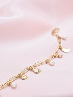 Julie Bracelet — Hani Bee Jewelry 14k Gold-filled Pearl Charm Bracelet, 14k Gold Filled Pearl Charm Bracelet, Dainty 14k Gold Pearl Bracelet With Pearl Charm, Dainty 14k Gold Filled Bracelet With Pearl Charm, Dainty Pearl Jewelry With Charms, Birthday Inspo, Bee Jewelry, Palm Beach Fl, Spring Rings