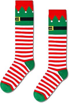 a pair of christmas socks with santa's hat and striped red and green stripes