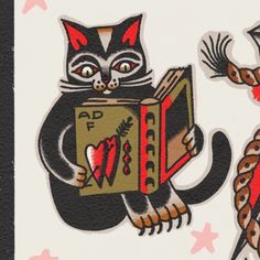 two stickers depicting cats holding books and one cat with an arrow in its mouth