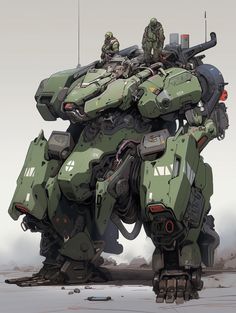 a large green robot standing on top of a pile of rubble