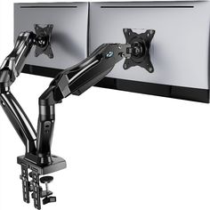 a monitor arm with two monitors mounted to it's sides, and the arms are holding