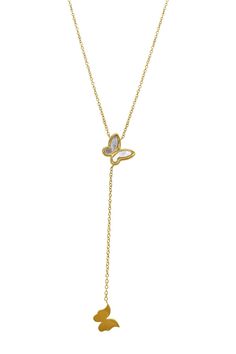 Dainty butterflies bring a romantic flair to this luxe 14K yellow gold plated lariat necklace. . 14K yellow gold plated butterfly lariat pendant necklace. Lobster clasp. Approx. 16-18" chain length. Approx. 2" pendant length. Imported  Polish gently with cloth, wash with soap and hot water 14K yellow gold plated brass Gold Adjustable Butterfly Necklace With Clavicle Chain, Adjustable Gold Butterfly Necklace With Clavicle Chain, Chic Yellow Gold Lariat Necklace With Clavicle Chain, Gold Butterfly Necklace With Delicate Adjustable Chain, Luxury Delicate Chain Lariat Necklace, Elegant Rose Gold Butterfly Necklace With Adjustable Chain, Dainty Adjustable Gold Butterfly Necklace, Gold-plated Butterfly Necklace, Gold-plated Gold Butterfly Necklace