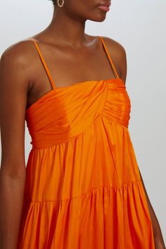 Taffeta ruched bodice trapeze gown with gathered tier skirt. Pockets in skirt. Shown in Tangerine. Amsale Dress, Skirt Pockets, Summer Soiree, 2024 Christmas, Ruched Bodice, Fashion Videos, Dress Inspiration, Little White Dresses, Wedding Weekend