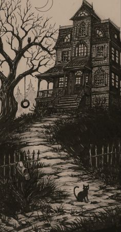 a black and white drawing of a house on a hill with a cat sitting in the foreground