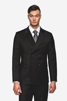 Classic Black Double Breast Suit - MenSuits Black Double-breasted Blazer With Pressed Crease, Sleek Double-breasted Semi-formal Outerwear, Elegant Black Suit With Double-breasted Button Fastening, Black Double-breasted Tuxedo For Office, Black Double Breasted Suit With Long Sleeves, Elegant Black Double-breasted Suit, Tuxedo Blazer With Double-breasted Button Fastening, Double Breasted Tuxedo Suit With Long Sleeves, Winter Tuxedo Style Double Breasted Suit For Office