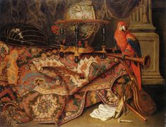 a painting of a parrot sitting on top of a rug