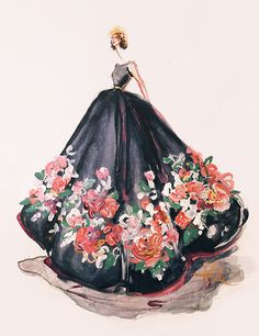 a watercolor painting of a woman in a black dress with flowers on the skirt