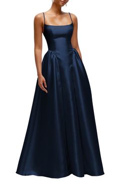 Dessy Collection Sleeveless Satin Gown | Nordstrom A Line Neck Dress, Bridesmaids Dresses Navy Blue, Dresses For Fancy Events, Debutante Ball Guest Dresses, Formal Country Dresses, Dropped Waist Prom Dress, Classic Formal Dresses, Midnight Blue Dress Formal, Debutante Ball Dresses