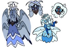 three different types of cartoon characters with wings and hair, one in blue and the other in white