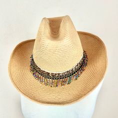 Vintage Cache Beaded & Embellished Straw Hat In One Size Fits Most. Never Worn. New With Tags. Perfect Condition. Fun To Wear To A Western Event Or Somewhere Sunny! Inner Hat Measurement - 21” Adjustable Embellished Festival Hats, Beaded Brown Wide Brim Hat, Adjustable Embellished Hat For Festivals, Brown Beaded Wide Brim Hat, Brown Wide Brim Beaded Hat, Summer Brown Beaded Hat, Bohemian Brown Party Hat, Western Event, Hat Bands