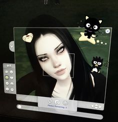 a computer screen with an animated image of a woman and cat on it's face