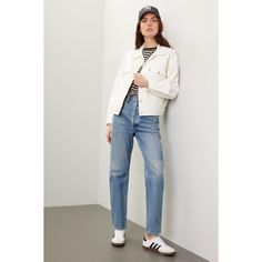 White (100% Cotton). Jacket. Long sleeves. Front button closure. 22.5" from shoulder to hemline. Imported. Classic Spring Utility Jacket With Button Closure, White Long Sleeve Blazer With Buttoned Pockets, Classic Spring Cropped Jacket With Flap Pockets, Spring Classic Cropped Jacket With Flap Pockets, Levi's Casual Outerwear With Buttons, Classic Cropped Jacket With Button Cuffs For Spring, White Blazer With Buttoned Pockets For Spring, Classic Spring Cropped Jacket With Button Cuffs, White Spring Outerwear With Flap Pockets