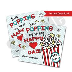 two happy valentine's day cards with popcorn and hearts on the front, one is for