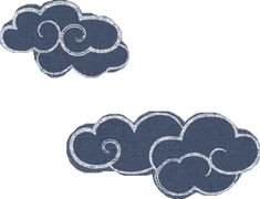 two blue clouds with white swirls are shown in the middle of an embroidery design